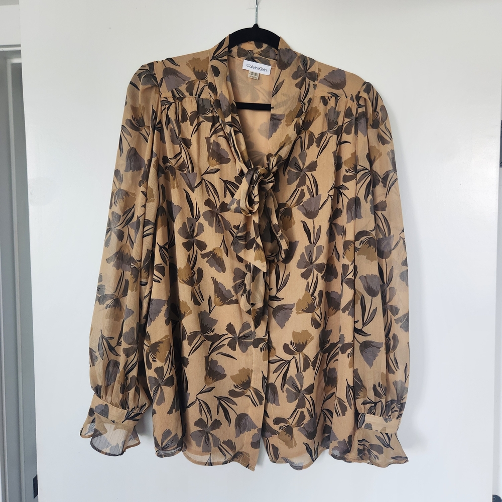 Calvin Klein Tan Floral Blouse with Bow